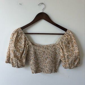 Rylee + Cru Floral Smocked Puff Sleeve Crop Top in Cream and Tan